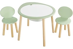 Beright Kids Table and Chairs Set, Kids Wooden Play Table with 2 Chairs, Kids Round Table for Toddlers, Suitable for Bedroom, Playroom and Kids' Room, with Removable Top Panel and Storage Bag, Green