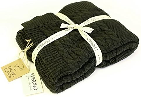 100% Organic Cotton Throw Cable Knit Blanket (50"x70") Super Soft Warm Luxurious All-Season Non-Toxic Eco-friendly (Dark Olive)