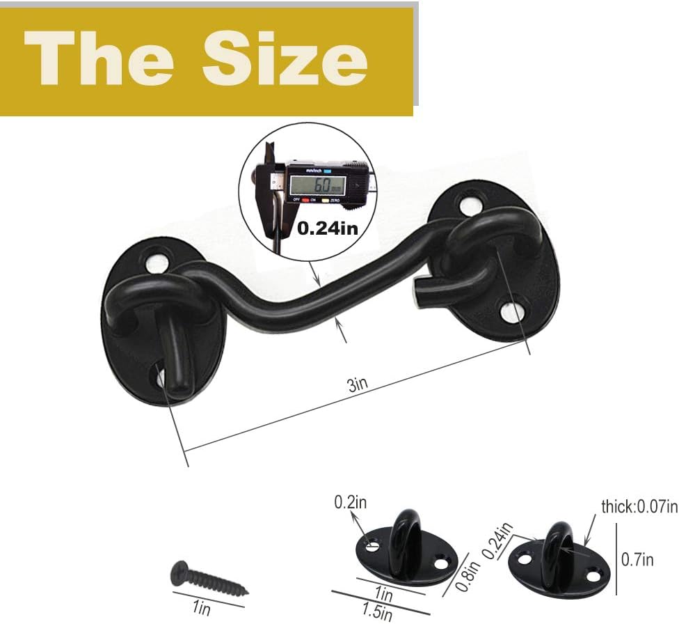 4 Pack Barn Door Latch Cabin Hook and Eye Black, Solid Thicken