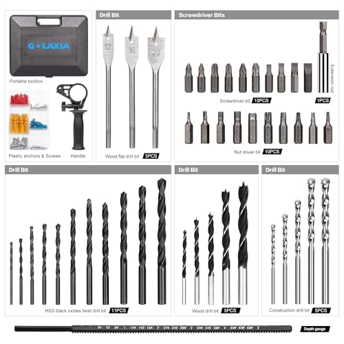 G LAXIA 550W Hammer Drill, Speed Variable 3000 RPM, 13mm Chuck, Electric Hammer and Drill 2-in-1,Package Contains 105 Accessories