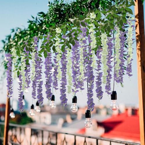 BIRDDIE 24 Pcs Artificial Plants Decorative, Artificial Flowers Decoration, Artificial Wisteries, Hanging Garland for Background, Wedding, Garden and Home Wall Decoration (White)