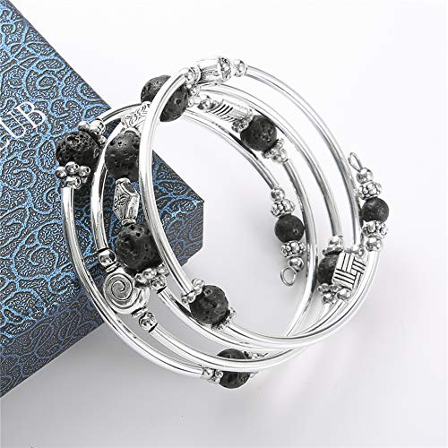 Pearl&Club Beaded Bangle Wrap Lava Bracelet - Fashion Jewelry Multilayer Charm Bracelet with Thick Silver Metal Beads, Gift for Women and Girls (Lava Bracelet) - Thumbnail 4