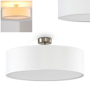 Deckenleuchte Foggia, runde Deckenlampe mit Lampenschirm aus Stoff in Weiß, Ø 50 cm, LED-fähig, 3 x E27-Fassung, 40 Watt, Ret
