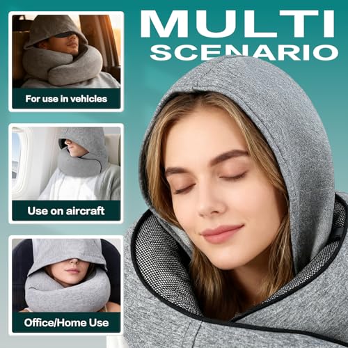 Aeroplane Neck Pillow, Travel Pillow, Adjustable Travel Pillow, Memory Foam with Hood, Supports Head, Neck, Neck Pillow, Adult with Sleeping Mask, Earplugs, Carry Bag for Plane, Car, Train