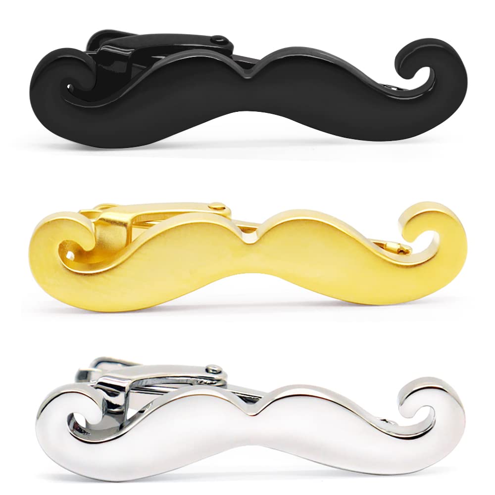 HONEY BEAR 3pcs Mens/Boys Moustache Beard Tie Clip Bar Set for Skinny Narrow Size/Normal Size Tie Stainless Steel for Business Wedding Gift (3.8cm without box)