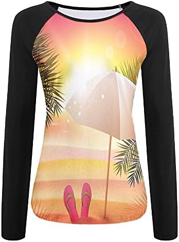 Weiding Sunset At The Beach with Flip Flops Umbrella and Palm Trees Women's Stretchy Long Sleeve Raglan Tshirt L