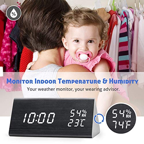 GEEKERS Wooden LED Clock with Triple Alarms, 3 Levels Brightness Dimmer, Big Digit Display Date, Temperature and Humidity for Home Bedrooms, Black - Thumbnail 2