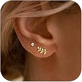 GLoquat 3 Pairs 14k CZ Gold Huggie Hoop Cartilage Earrings Set: Dainty CZ Stud Trendy Dangle Pearl Hoop Earrings Hypoallergenic Leaf Piercing Climber Huggie Earring for Women Gold Jewelry for Everyday