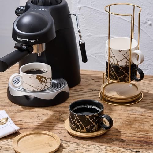 6oz Porcelain Espresso Cups with Metal Stand, 180ml Stackable Ceramic Coffee Mugs Set of 4 for Cappuccino, Latte, Mocha, Tea