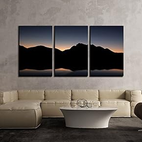 3 Piece Canvas Wall Art - Silhouette of Mountain with Reflection in Lake at Dusk - Modern Home Art Stretched and Framed Ready to Hang - 16"x24"x3 Panels