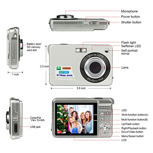 HD Mini Digital Cameras,Point and Shoot Digital Cameras for Kids Teenagers Beginners-Travel,Camping,Outdoors,School (Silver)