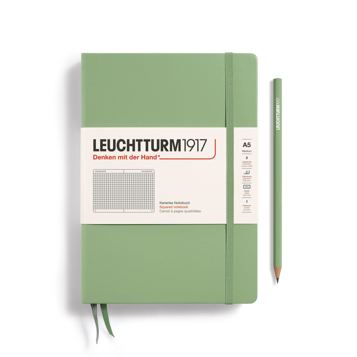 LEUCHTTURM1917 Notebook Medium (A5), Hardcover, 251 Numbered Pages Sage, Squared