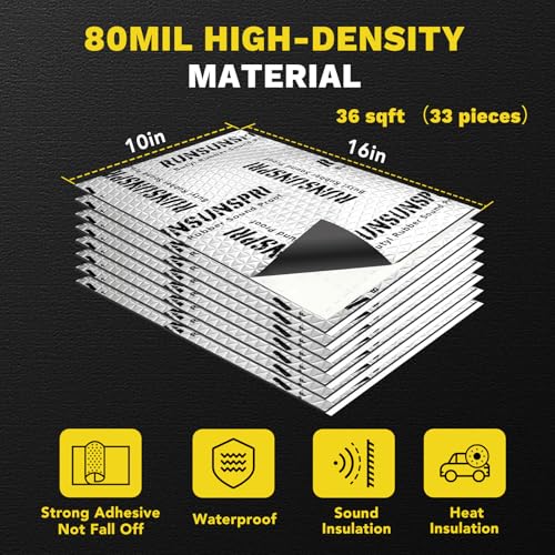 Sound Deading Material for Cars, 80mil (2mm) 36 sqft (3.4 sqm) Car Sound Deadening Mat, Butyl Automotive Sound Deadener, Noise Insulation and Vibration Dampening Material (33 pcs)