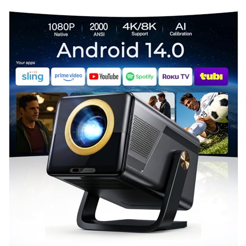 [2000 ANSI Lumens] Native 1080P Smart Outdoor Video Projector 4K 8K, Android 14 Projecteur Exterieur with HiFi Sound, Auto Focus & Keystone, WiFi 6 Bluetooth Home Theater for iPhone/Netflix X7