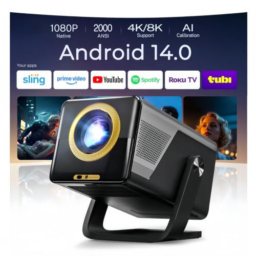 [2000 ANSI/Voice Assistant IA/1080P Native] LYNCAST X7 Smart Video Projector with Android 14 IA Car Focus/Keystone Projector with WiFi6 and Bluetooth5.4, 200 Inch Display