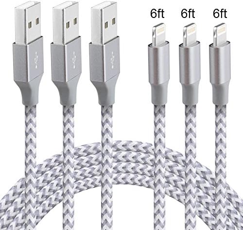 ONLINER iPhone Charger,3Pack 6FT Extra Long High Speed Nylon Braided iPhone Cable Lightning Cord for iPhone 7/7 Plus/6/6 Plus/6S/6S Plus,SE/5S/5,iPad,iPod Nano 7 (Gray White)