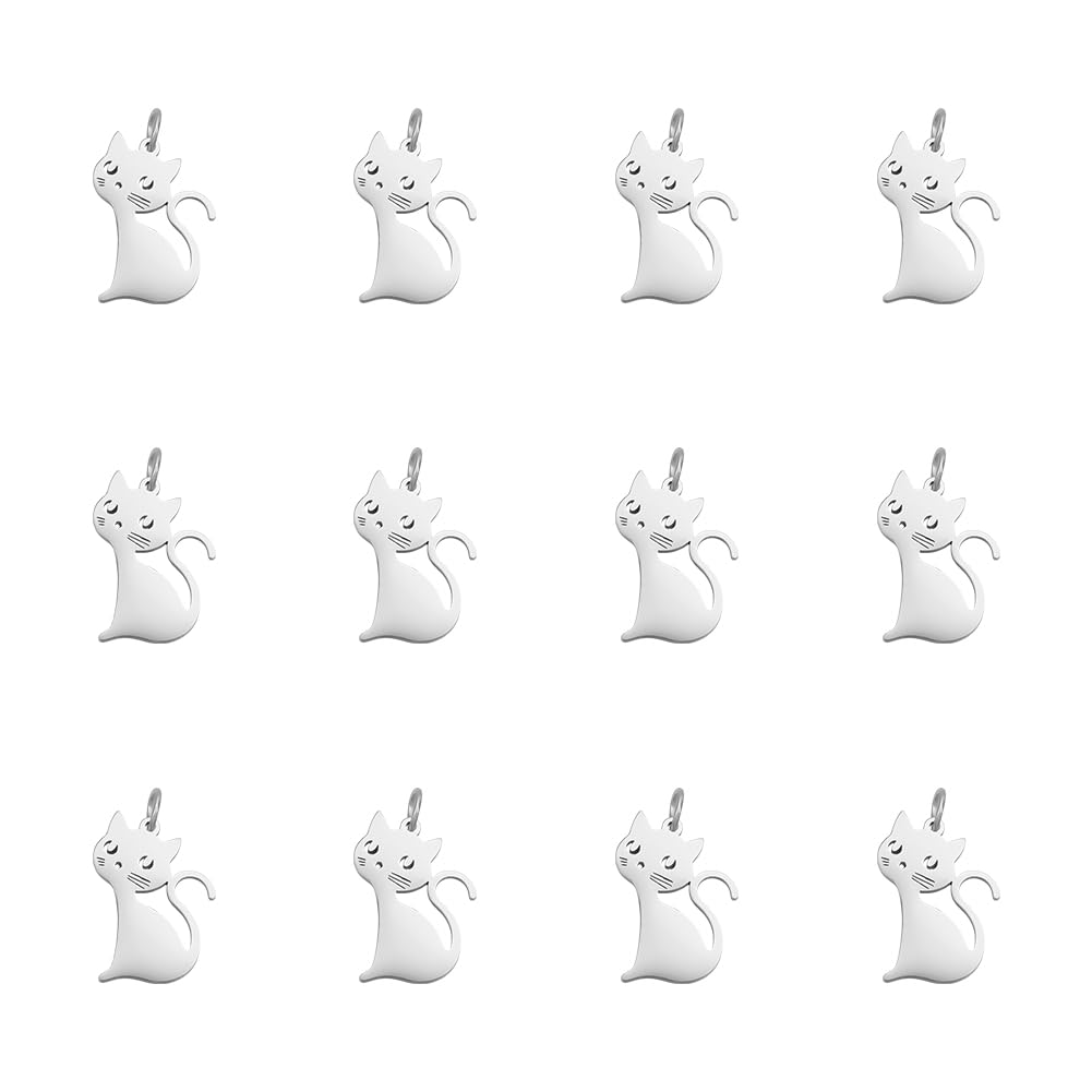 UNICRAFTALE 12pcs Cat Charm Cute Lovely Pet Cat Pendants Stainless Steel Animal Charms with Jump Ring Jewelry Charms for Keychains Earrings Bracelets Necklaces Jewelry Making DIY Crafts