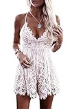 Imily Bela Women's Sleeveless Spaghetti Halter Deep V Neck Backless Lace Mini Jumpsuits