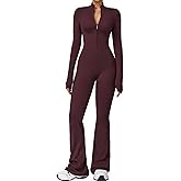ECUPPER Women Long Sleeve Flared Jumpsuit Zip Up Romper One Piece Full Bodysuits Yoga Unitard Wide Leg Sexy Catsuit