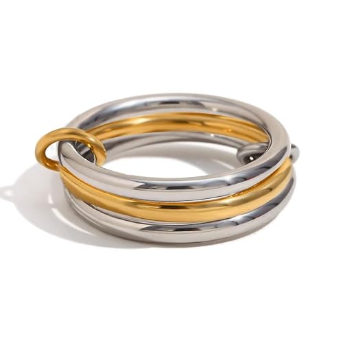 Tivleed Titanium Rings for Women - Gold & Silver Stackable Triple-Layer Minimalist Bands - Two-Toned Interlocked Everyday Jewelry with Cubic Zirconia Accents