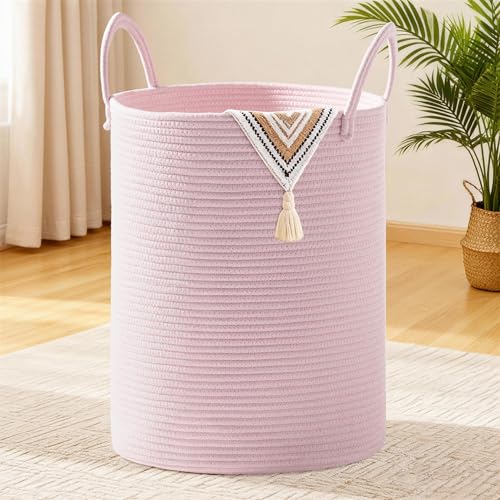 MYHOMMATTO 100L Wäschekorb Groß Geflochten mit Henkel Rund, Rosa