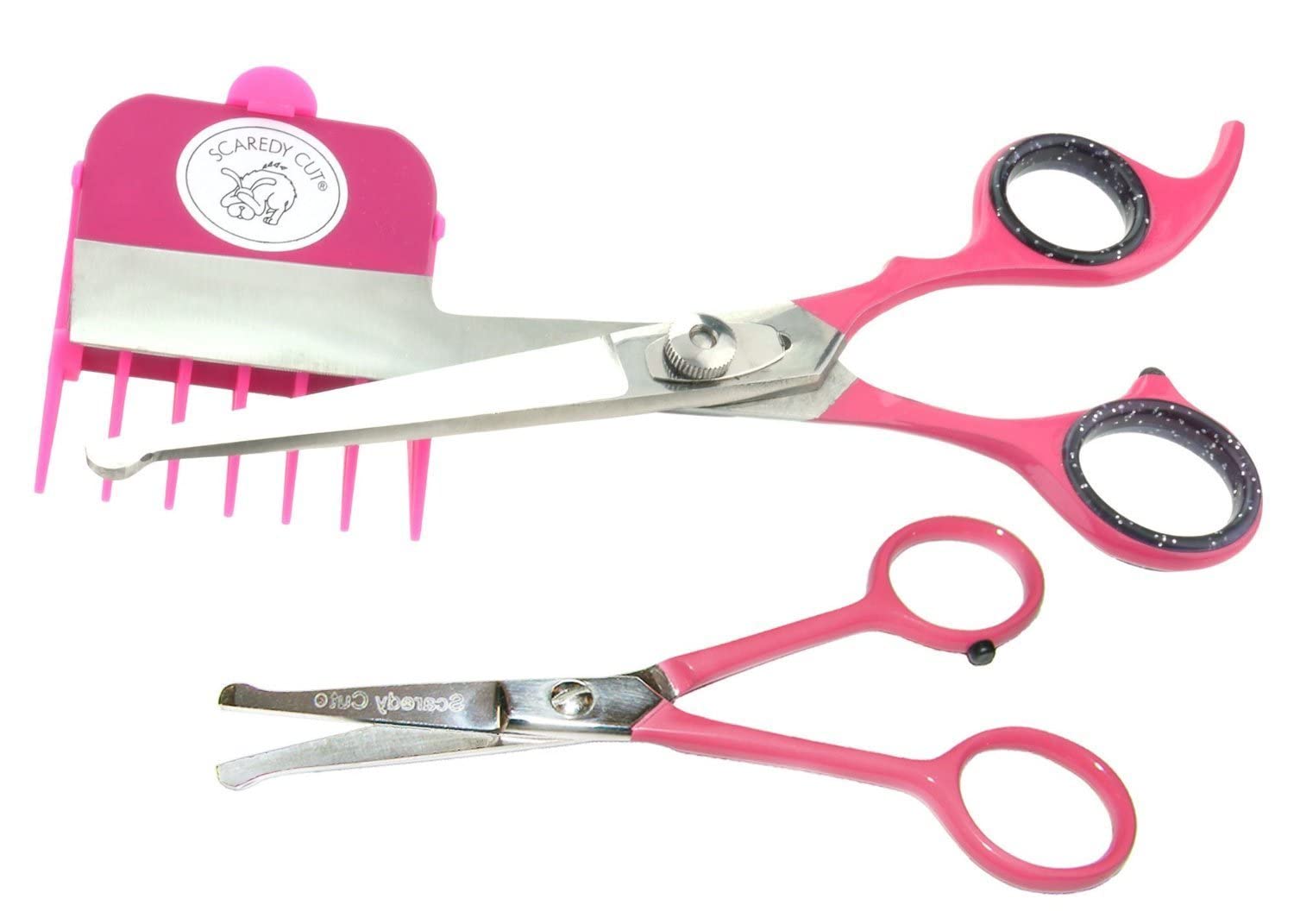 SCAREDY CUT Silent Pet Grooming Kit + Tiny Trim Scissors - A Quiet Alternative to Electric Clippers for Sensitive Pets (Right-Handed Pink)