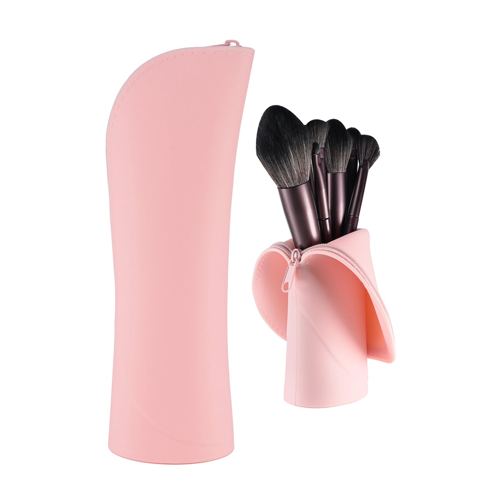 Photo 1 of Kososuru Travel Makeup Brush Holder, Silicone Small Makeup Brush Case, Portable Stand-up Makeup Tools Cosmetic Bags for Women,Soft Waterproof Brushes Organizer with Zipper (Pink)