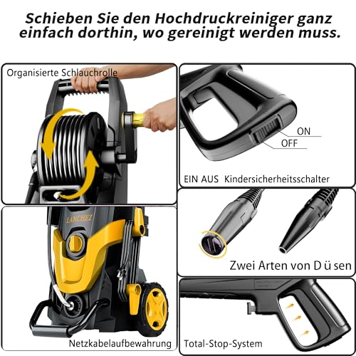 LANCHEZ Hochdruckreiniger 145 bar max Druck, Fördermenge 420 l/h, 7-in-1-Zubehör Kit (500ml Schaumsprüher, Schnellkupplungen, Schnellanschlussdüsen, Terrassenbürste) für Auto, Terrasse, Gelb