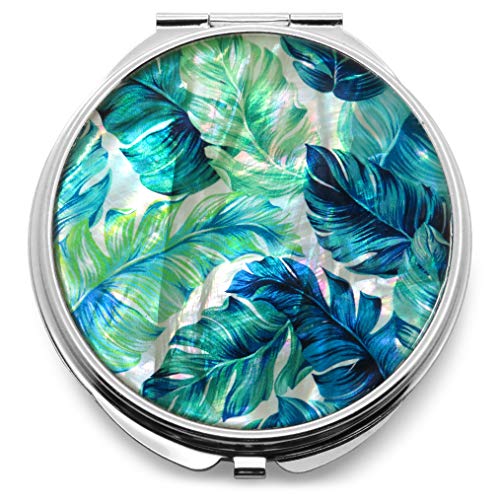 Makeup-Compact-Pocket-Mirror-Mother-of-Pearl-Metal-Round-Double-Sided-Folding-Magnify-Tropical-Palm-Leaves-Green