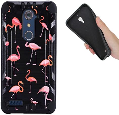 ZTE Blade X Max , ZMax Pro Case, BLACK Hybrid 2-Layer Shock Proof Rugged Armor Hard Cover Case by URAKKI for ZTE Blade X Max / ZTE Z MAX Pro Carry Z981 [CP Flamingo] Design Case