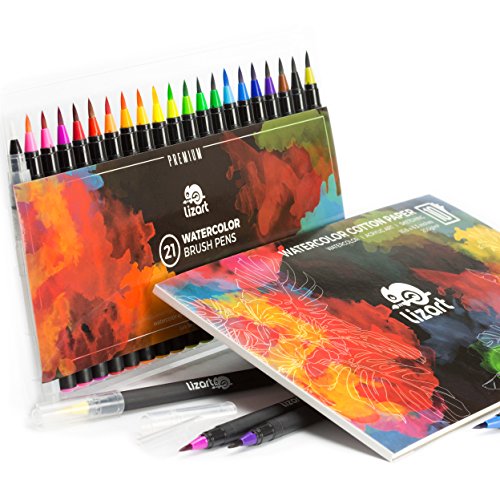 3-in-1 Premium Watercolor Brush Tip Pen Set â€“ 20 Watercolor Markers - Real Brush Tip + 1 Refillable Water Brush | BONUS Watercolor Cotton Paper Pad | Vibrant Colors for Painting & Lettering by LizART
