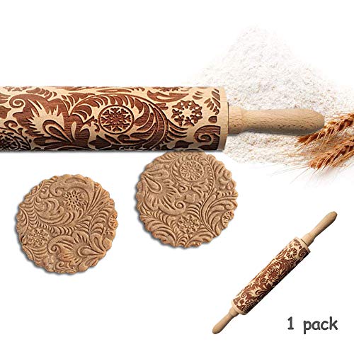 SeaHome Wooden Rolling Pins with Flower Embossing, Paisley Embossed Natural Wood Carved Snowflake Vine Plant Engraved Rolling Pin for Christmas Baking Cookies, Biscuits (35cm / 13.7") - Thumbnail 7