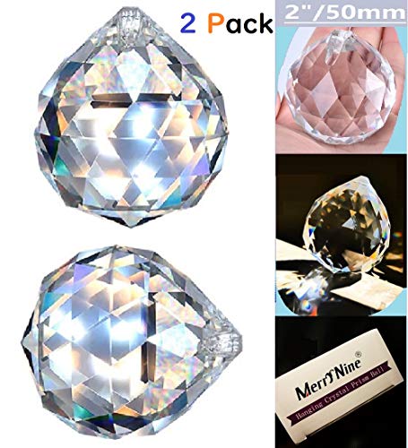 MerryNine 2 Pack Crystal Ball Prism Sun Shine Catcher Rainbow Pendants Maker, Hanging Crystals Prisms for Windows, for Feng Shui, for Gift (Clear) (50mm/2.0")