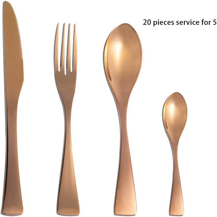 Cutlery Set Mirror Polished 20-Piece Stainless Steel Flatware Set Including Knives Forks Spoons Service for 5，Dishwasher Safe(20-PCS-Rose Gold)