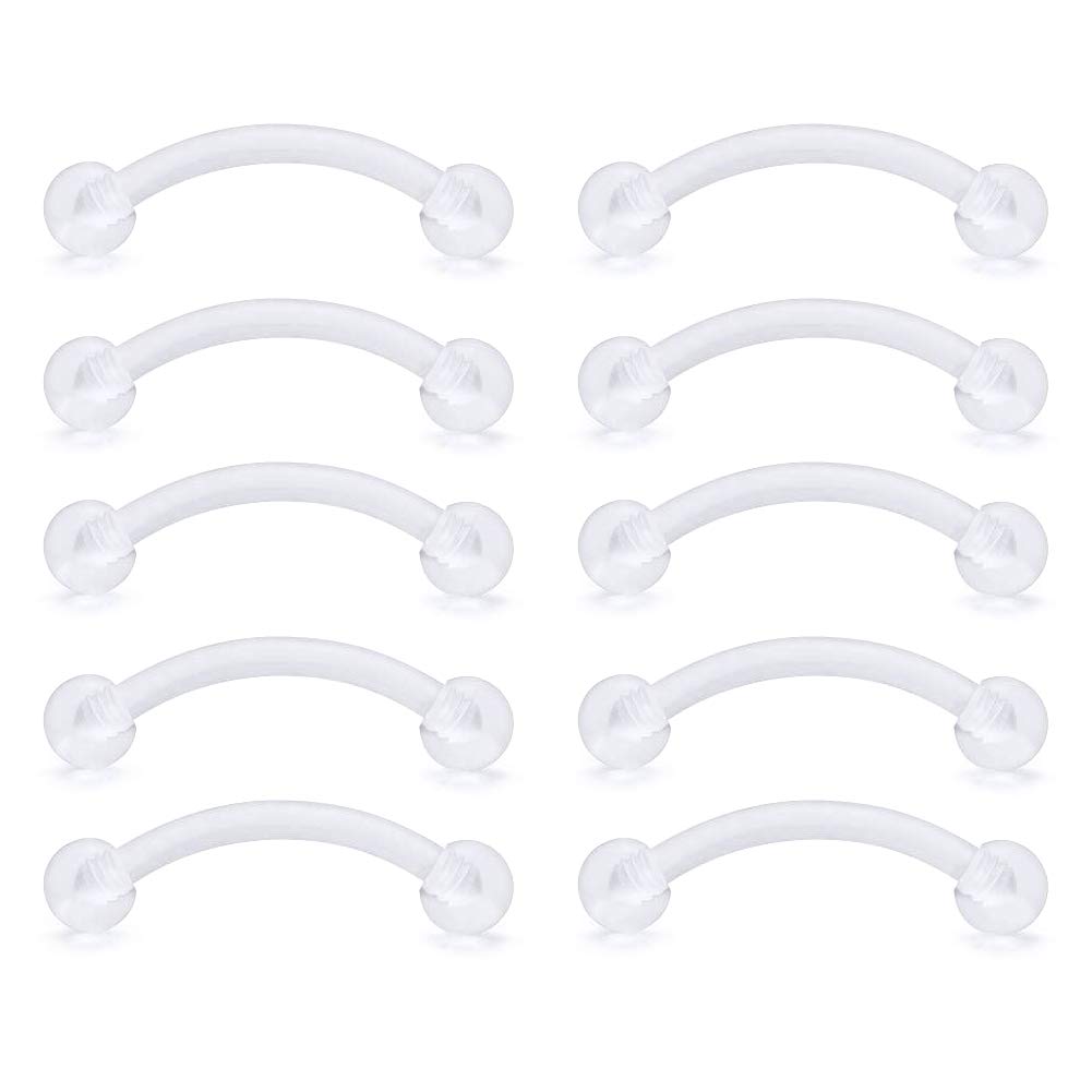 FECTAS 10pcs Clear Curved Barbell Retainers Set 14G Bioflex Flexible Septum Eyebrow Belly Lip Tragus Ear Piercing Bars 12/14/16/18mm