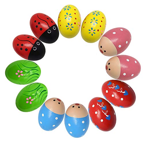 Kabi 12pcs Shaker Eggs Wooden Egg Shakers Percussion Musical Maracas Egg Toys for Kids Toddlers -6 Patterns