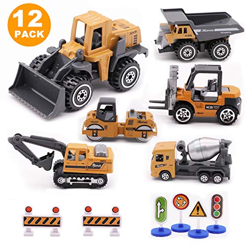 Alloy Construction Engineering Vehicle Toys set 12 PACK Stacker,Big forklift,Heavy duty roller,excavator,Heavy transport vehicle,Engineering mixer, Construction Traffic Sign mini Set for Kids Boys - Thumbnail 7
