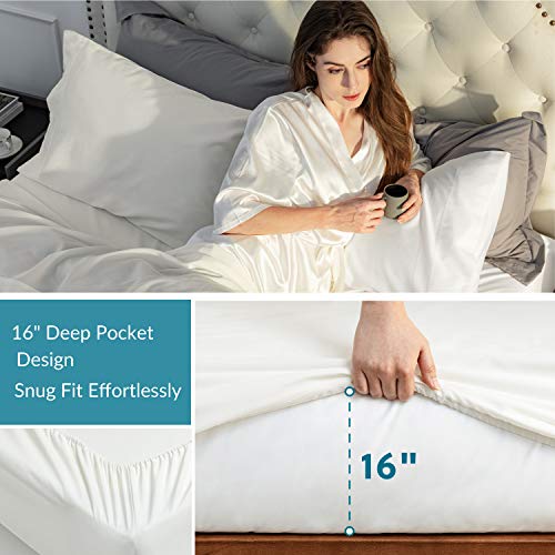 Bedsure Bamboo Sheets Queen Size White Cooling Sheets 4 PC Luxury Bed