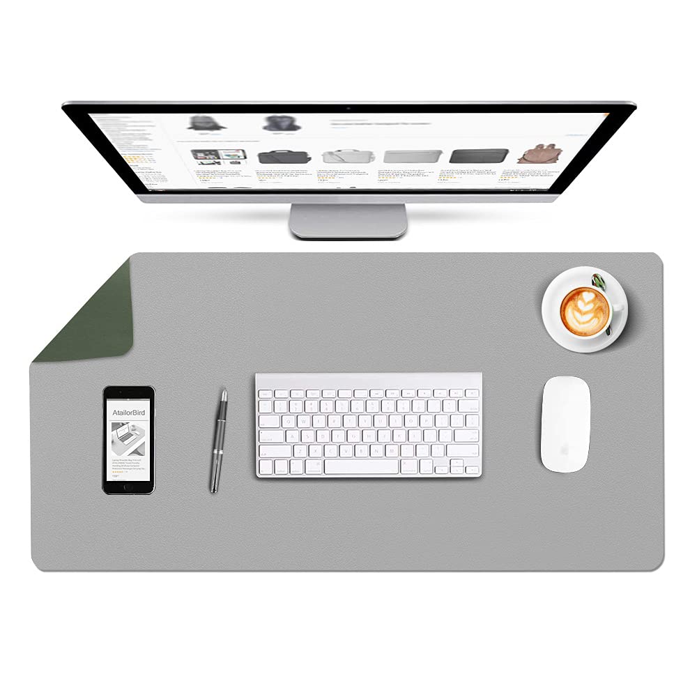 AtailorBird Mouse Pad Double Side Extended 800X400X2mm Waterproof PU Leather Protective Desk Mat Large Size Writing Mat Desk for Office Home - Green&Grey
