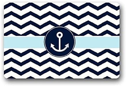 Our Iris Machine-washable Navy Blue and White Chevron with Nautical Anchor Indoor/Outdoor Decor Rug Doormat Non-woven Fabric Non Slip 23.6(L) x 15.7(W)