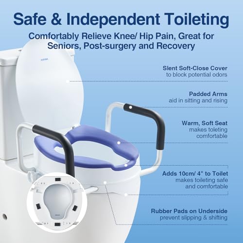 ANNWA Adult Toilet Booster Seat with Armrests and Lid, Raised Toilet Seat 10 cm, Adult Toilet Booster Seat with Padded Handles, 200 kg Load, Post Surgery Toilet (N1FYT16)