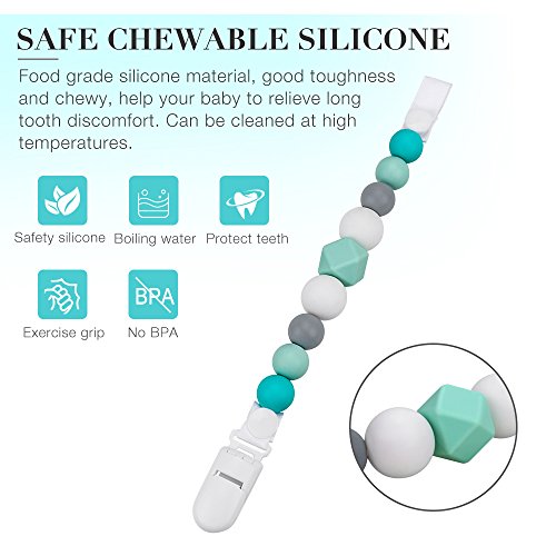 Pacifier Clips, Komake 2 in 1 Teether Pacifier Clip Chewable Silicone Teething Beads BPA Free Binky Holder for Girls, Boys, Teether Toys, Soothie, Mam, Drool Bibs, 2 Pack (Green, Gray)