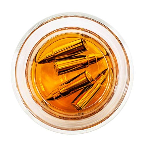 Whiskey Stones Bullets with Base, Gold Stainless Steel Whiskey Bullets,Set of 6 Extra Large Bullet Shaped Ice Cube Reusable for Whisky Bourbon- Best Gift for Men