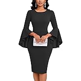 Church Dress for Women Elegant Bodycon Ruffle Bell Sleeves Knee Length Cocktail Party Wedding Work Vintage Pencil Dresses