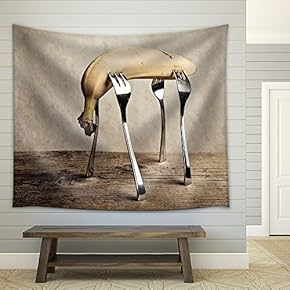 Still-Life with Banana Stuck on Four Forks - Fabric Wall Tapestry Home Decor - 51x60 inches