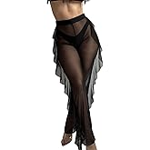 BIGFOX Women's Summer Sheer Mesh Pants, See Through Ruffle Trousers for Swimsuit Coverups, Slacks, Vacation, Stripper Outfit