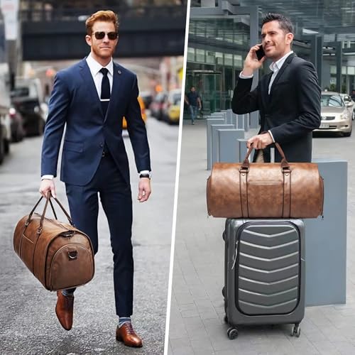 Leather Garment Duffle Bag, 50L Waterproof Travel Bag with Suit Compartment, Shoe Storage, available Black or Brown (Brown)