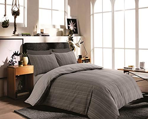 Cotton Rich Striped And Check Grey T180 Reversible Duvet Cover Complete Bedding Set with Fitted Sheet 4 Piece Set (Grey, Double)