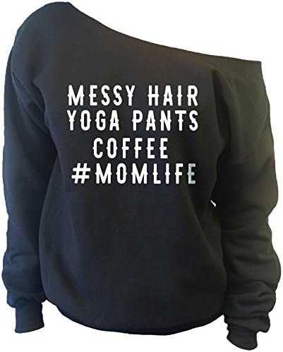 Messy Hair Yoga Pants Coffee Momlife Thanksgiving Holiday Ugly Tacky Christmas Gift Idea Women's Off Shoulder Sweater Black Small