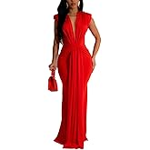 WOKANSE Formal Dresses for Women Sexy Sleeveless Deep V Neck Ruched Bodycon Party Evening Gown Maxi Dress